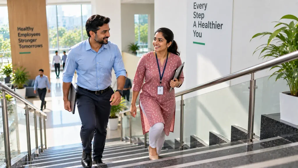 ఆఫీసులో మెట్లు ఎక్కుతూ నడుస్తున్న ఇద్దరు ఉద్యోగులు.