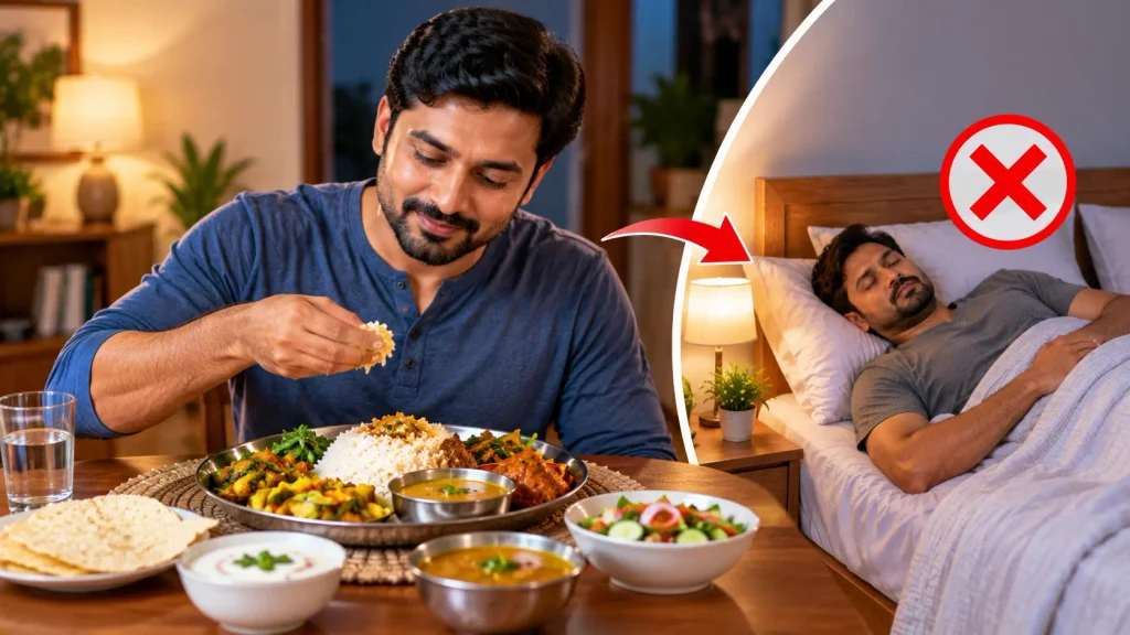 రాత్రి భోజనం చేస్తున్న వ్యక్తి, నిద్రకు ముందు అధికంగా తినడం వల్ల కలిగే ఇబ్బందుల సూచన.