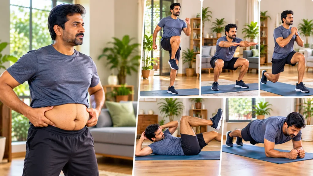 పొట్ట చుట్టూ కొవ్వు తగ్గించు కోవడానికి వ్యాయామం చేస్తున్న యువకుడు.