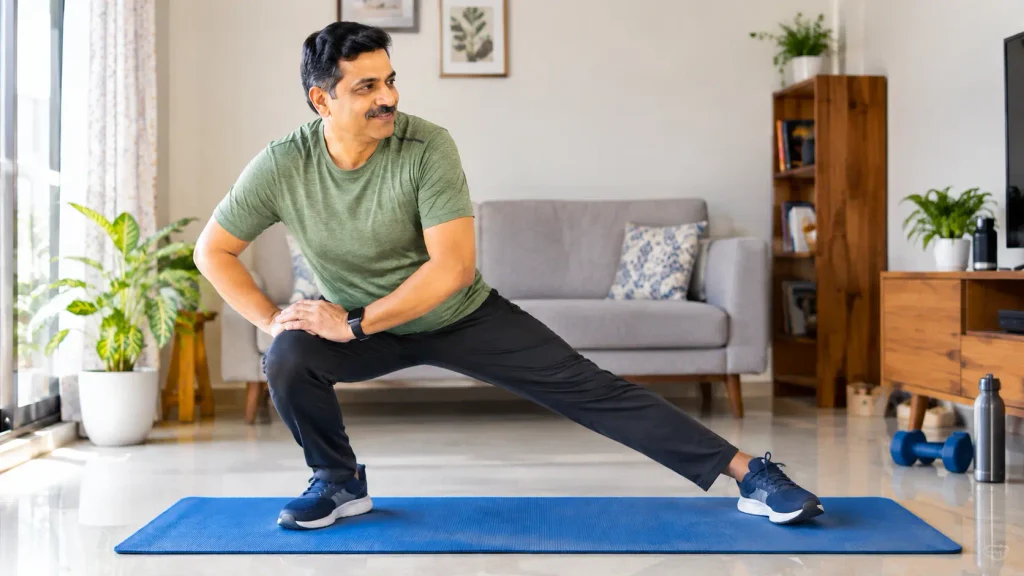 40 ఏళ్లు దాటిన వారు ఫిట్‌గా ఉండేందుకు ఇంట్లో స్ట్రెచింగ్ వ్యాయామం చేస్తున్న వ్యక్తి