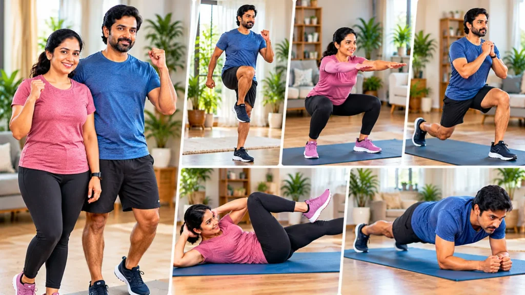 పొట్ట చుట్టూ కొవ్వు తగ్గించు కోవడానికి వ్యాయామం చేస్తున్న దంపతులు