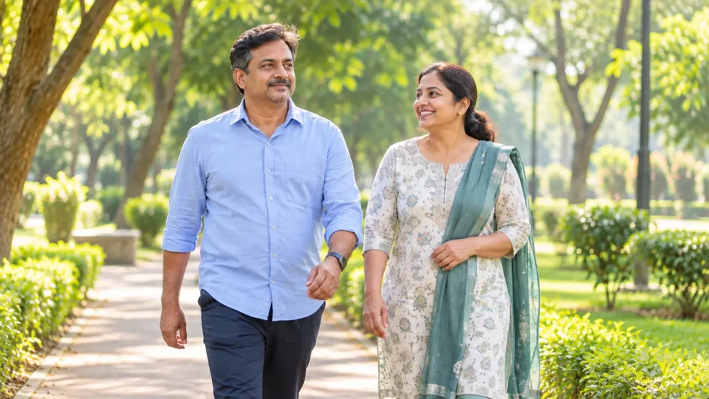 40 ఏళ్లు దాటిన వారు ఫిట్‌గా ఉండేందుకు ఉదయం పార్కులో నడక వ్యాయామం చేస్తున్న భార్యాభర్తలు